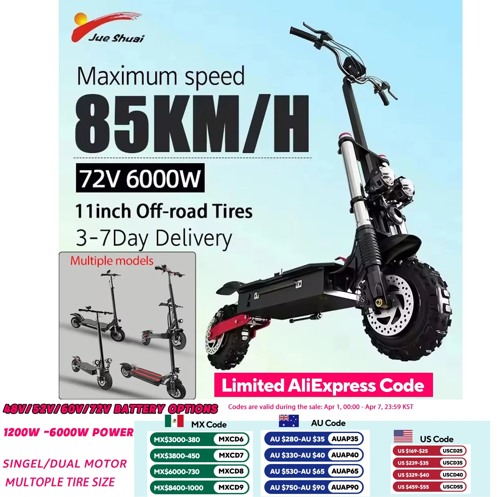 [8 models]10/11 Inch 48V-72V 1000W-6000W Electric Scooter 50-85km/h Fast E Scooter Off Road Electric Kick Scooter Foldable Adult